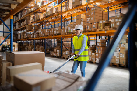 Older woman as warehouse worker pulling a pallet truck with boxes.の写真素材
