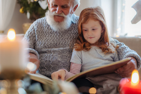 Small children with senior grandfather indoors at home at Christmas, looking at photographs.の写真素材