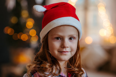 Portrait of small girl with Santa hat indoors at home at Christmas, looking at camera.の写真素材
