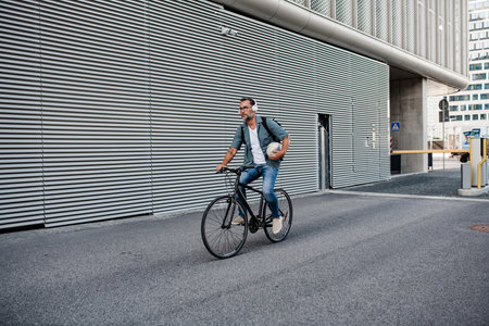 City commuter riding bike on street, holding ball and headphones.の写真素材