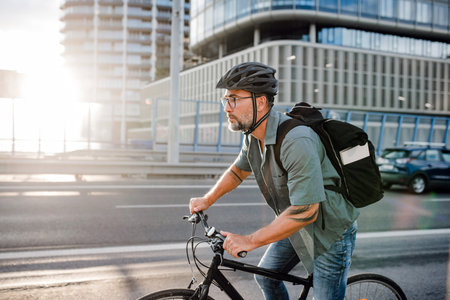 Male cyclist riding bike down the street.の写真素材