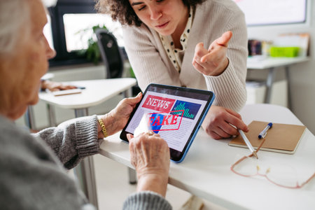 Elderly woman learning digital skills with tutor help.の写真素材