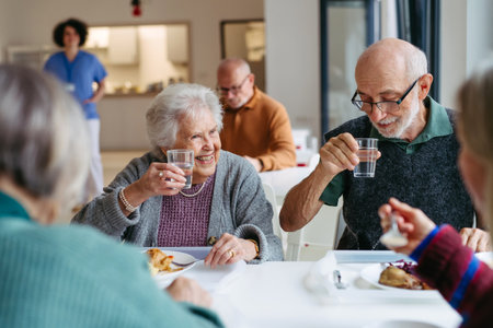 Group of seniors having lunch in community center cafeteria.の写真素材