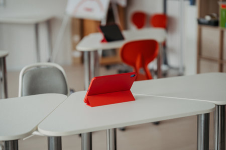 Tablet on a school desk during digital learning.の写真素材