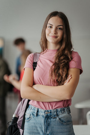 Confident teen student standing in modern classroom.の写真素材