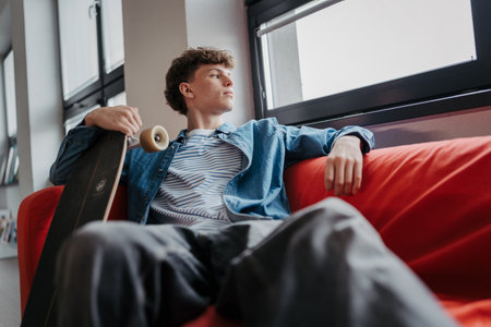 High school student chilling with skateboard in hands.の写真素材