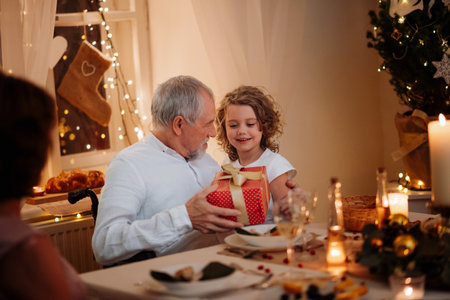 Grandfather spending Christmas Eve with small granddaughter.の写真素材