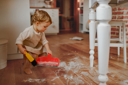 Little girl cleaning up flour mess in kitchen.の写真素材