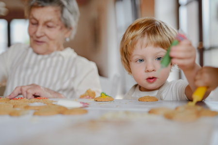 Christmas baking and decorating of cookies with grandma and little kid.の写真素材