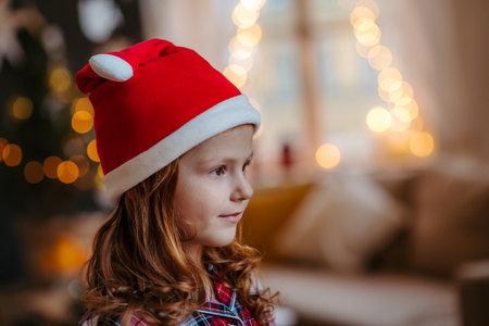 Portrait of small girl with Santa hat indoors at home at Christmas, looking at camera.の写真素材