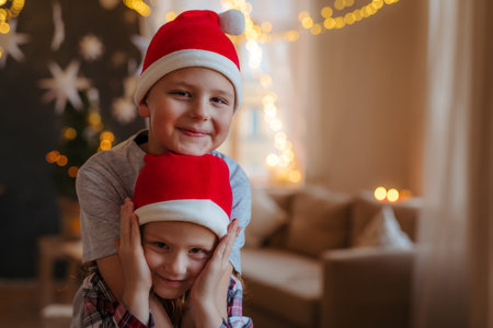 Children wearing Santa hats smiling at Christmas.の写真素材