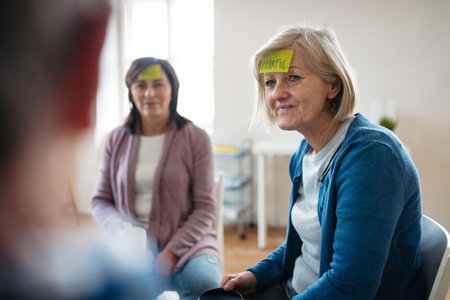 Senior woman identifying emotions during group therapy session.