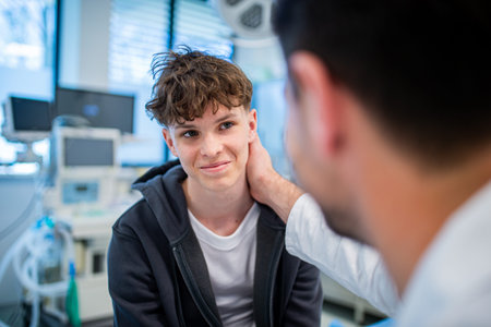 Teenage boy smiling during medical consultation after receiving positive health news.の写真素材
