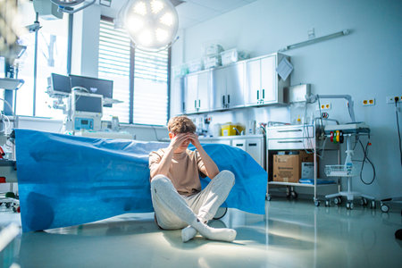 Worried teenage patient sitting alone on hospital floor, struggling with mental health issues.の写真素材