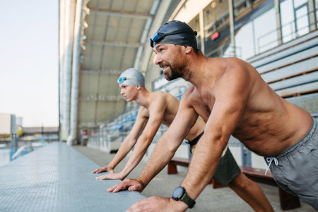 Father and teenage son enjoying swim training together.の写真素材