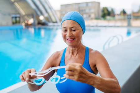 Older female swimmer getting ready for regular fitness swimming.の写真素材