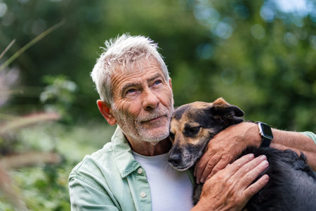 Senior man embracing loyal dog, relaxing outdoor momentの写真素材