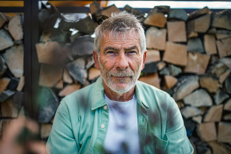 Older man with gray hair posing in front of wooden logs.の写真素材