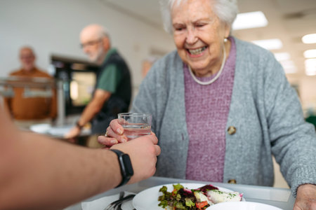 Group of seniors having lunch in community center cafeteria.の写真素材