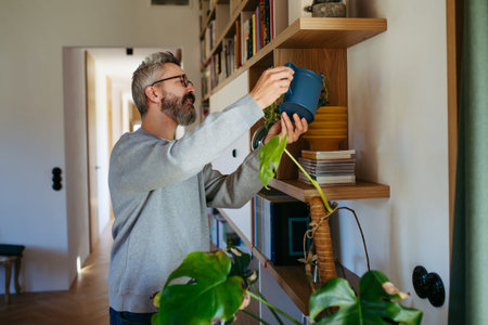 Bearded man caring for indoor plants, watering them.の写真素材
