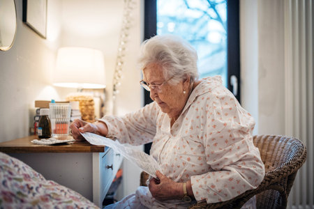 Senior woman reading patient information leaflet included with medication.の写真素材
