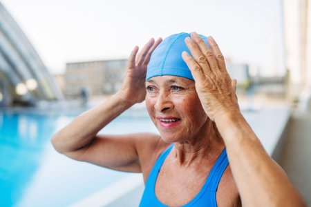 Older female swimmer getting ready for regular fitness swimming.の写真素材