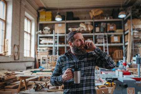 Woodworker making phone call, standing in carpentry workshop.の写真素材
