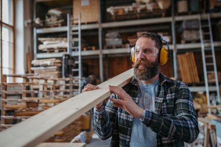 Carpenter preparing the wood pieces before making the furniture.の写真素材
