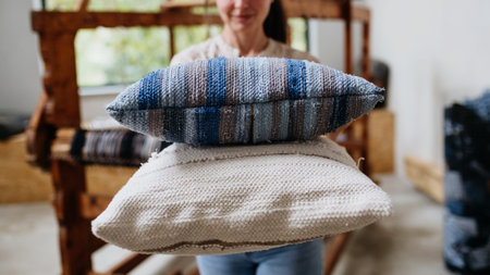 Young businesswoman next to wooden loom, holding pillows with woven covers made from recycled fabrics. Upcycling in business and circular economy.の写真素材