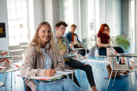 Group of college students attending lecture in university hall.