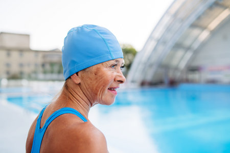 Older female swimmer getting ready for regular fitness swimming.の写真素材