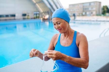 Senior woman getting ready for swim.の写真素材