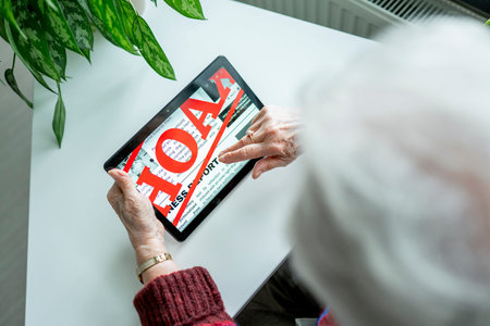 Old person recognizing fake news on digital tablet.