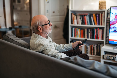 Elderly man watching television alone at home.