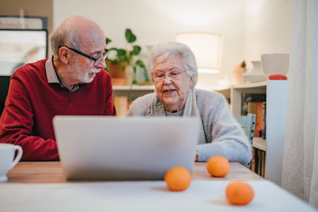 Old people having problem with laptop.