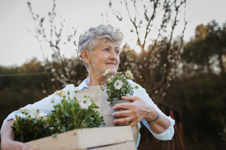 Senior woman gardening in spring, holding flowering plants.