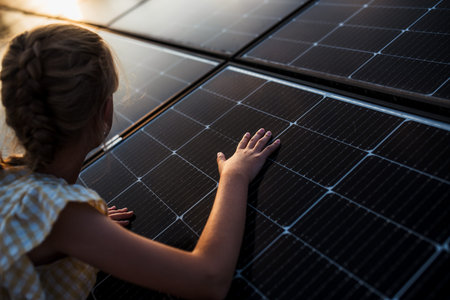 Girl lying on roof with solar panels during sunset.