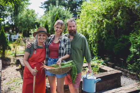 Farmers carrying basket with harvest and looking at homegrown vegetables outdoors at community garden.の写真素材