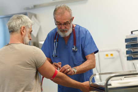 Older doctor drawing blood from patients arm.