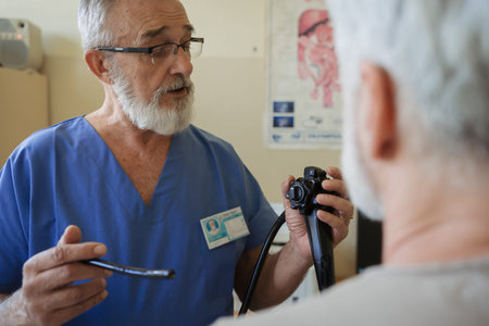 Doctor explaining colonoscopy results to patient using monitor images.