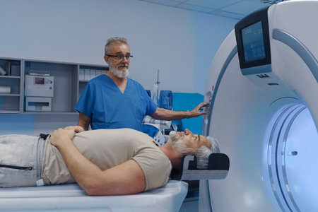 Doctor operationg CT machine in hospital.