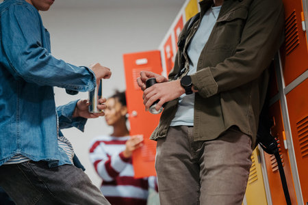 Teen students drinking an energy drink in school hallway.