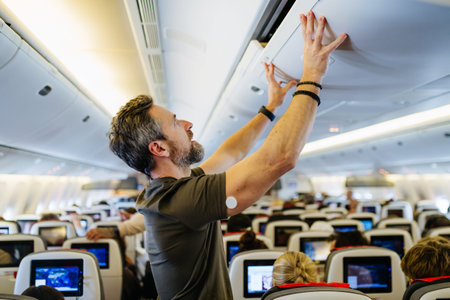Passenger with diabetes placing carry on luggage in overhead compartment.