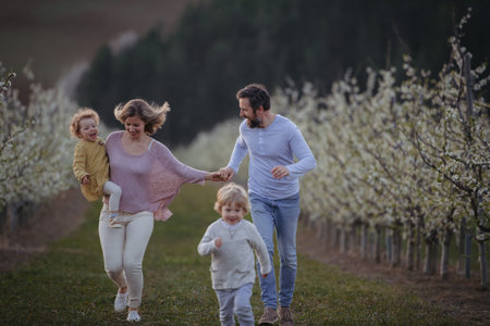 Family with two small children on wlak in blooming orchard.の写真素材