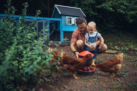 Father and toddler feeding chickens in backyard garden.
