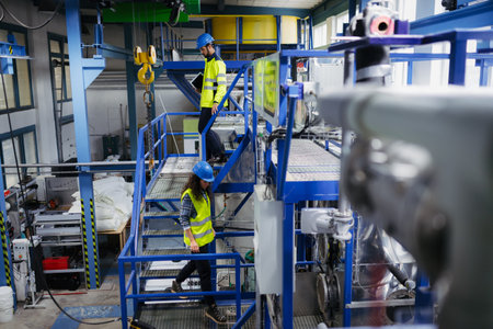 Industrial workers supervising automated manufacturing systems.