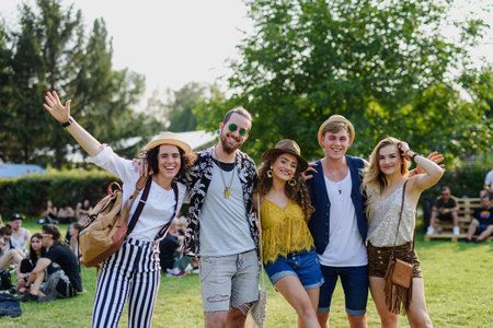 Group of young friends at summer festival.