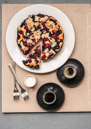 Morning breakfast for two with cake and coffeeの写真素材