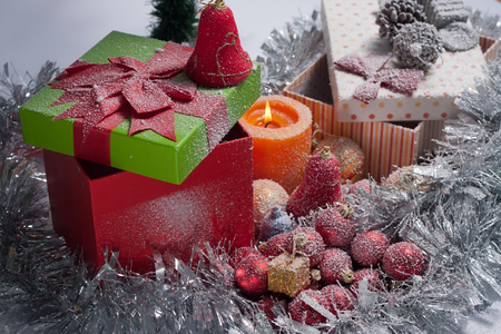 Christmas tree decorated with ornaments and giftsの写真素材