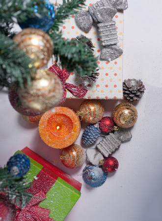 Christmas tree decorated with ornaments and giftsの写真素材